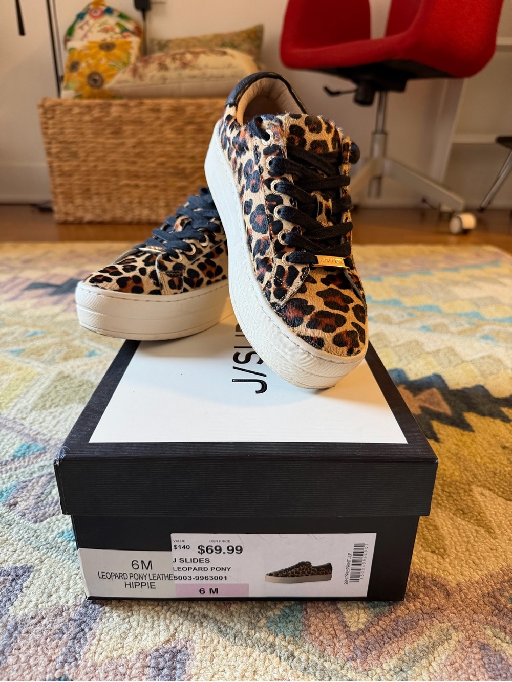 J/SLIDES Leopard Pony Hair Platform Sneakers with Black Laces
